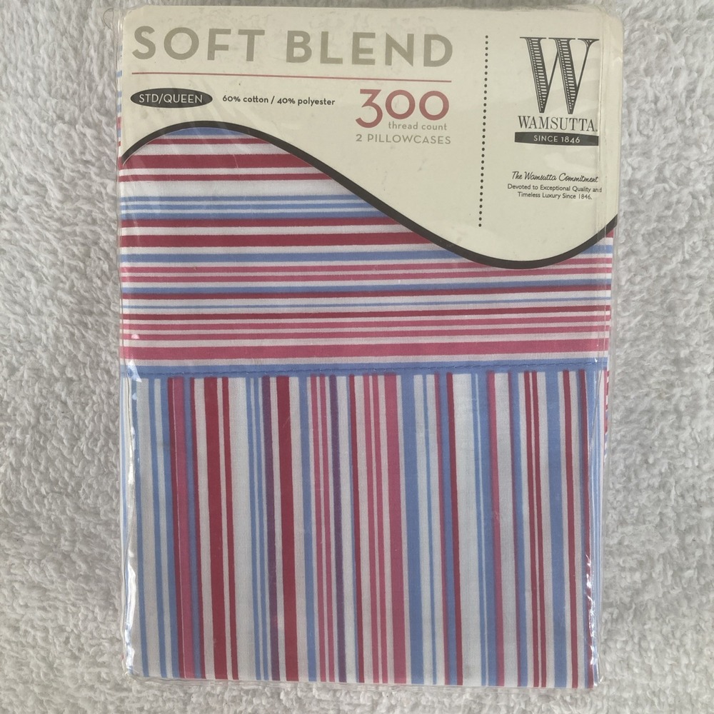 Wamsutta 300 Thread Count‎ 2 Pillowcases Queen Stripe Red Blue NOS Spring 2007